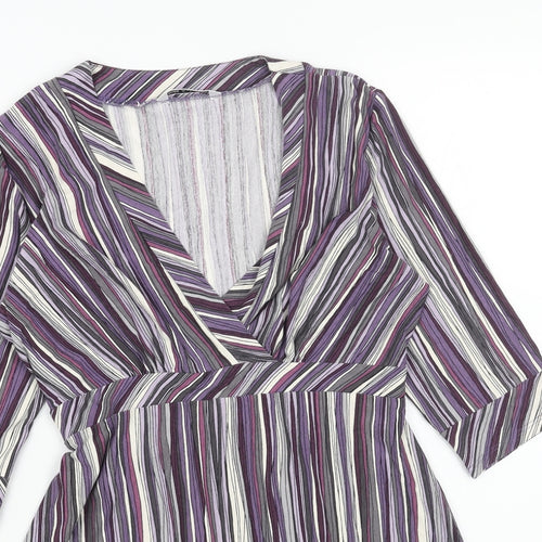 Marks and Spencer Womens Purple Striped Viscose A-Line Size 10 V-Neck Pullover