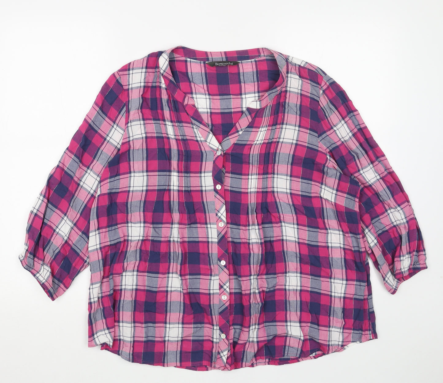 Bonmarché Womens Pink Plaid Viscose Basic Blouse Size 18 V-Neck