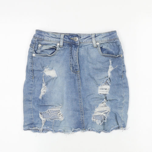 PARISIAN SIGNATURE Womens Blue Cotton Mini Skirt Size 6 Zip - Distressed Look