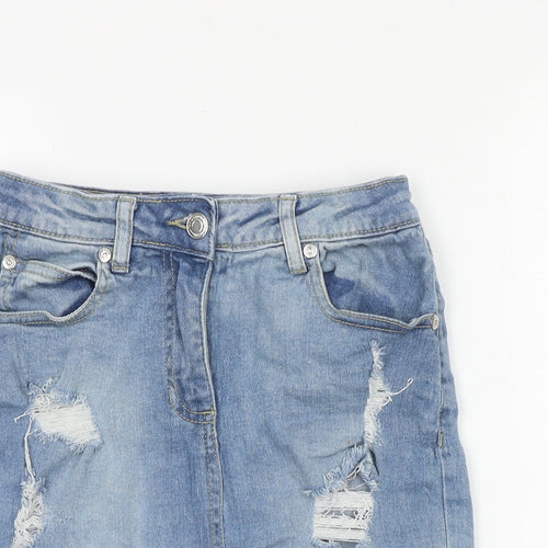 PARISIAN SIGNATURE Womens Blue Cotton Mini Skirt Size 6 Zip - Distressed Look