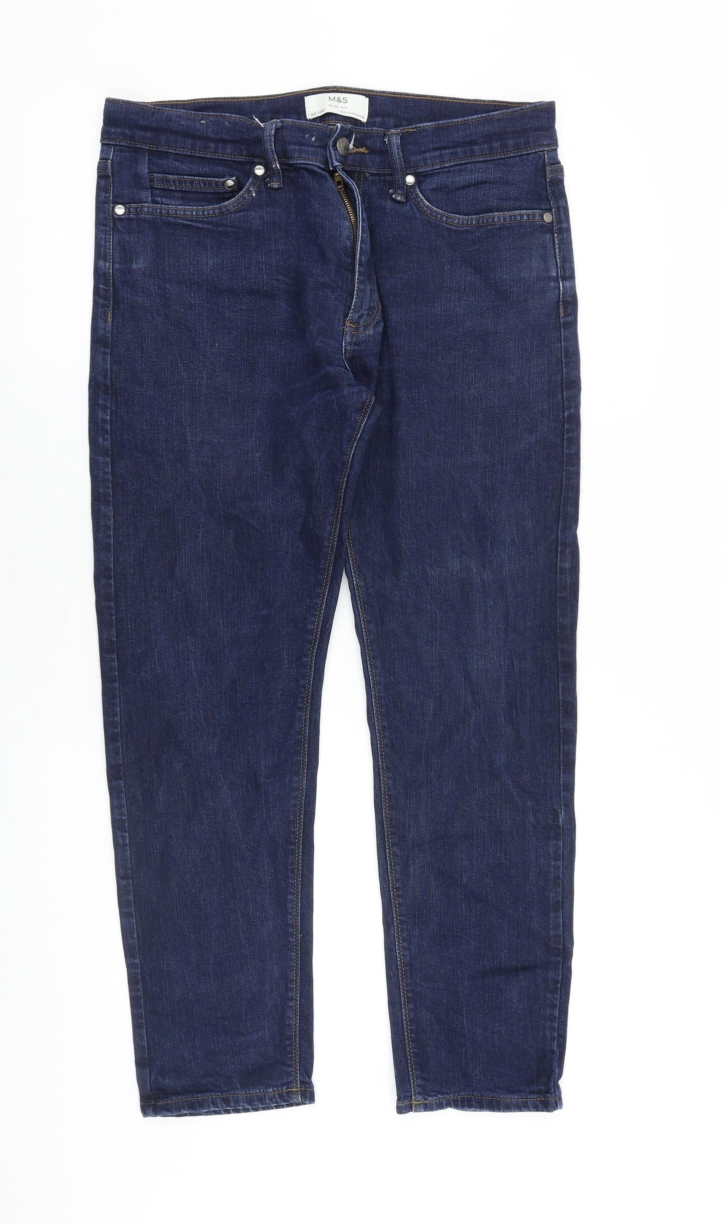 Marks and Spencer Mens Blue Cotton Straight Jeans Size 32 in Slim Zip