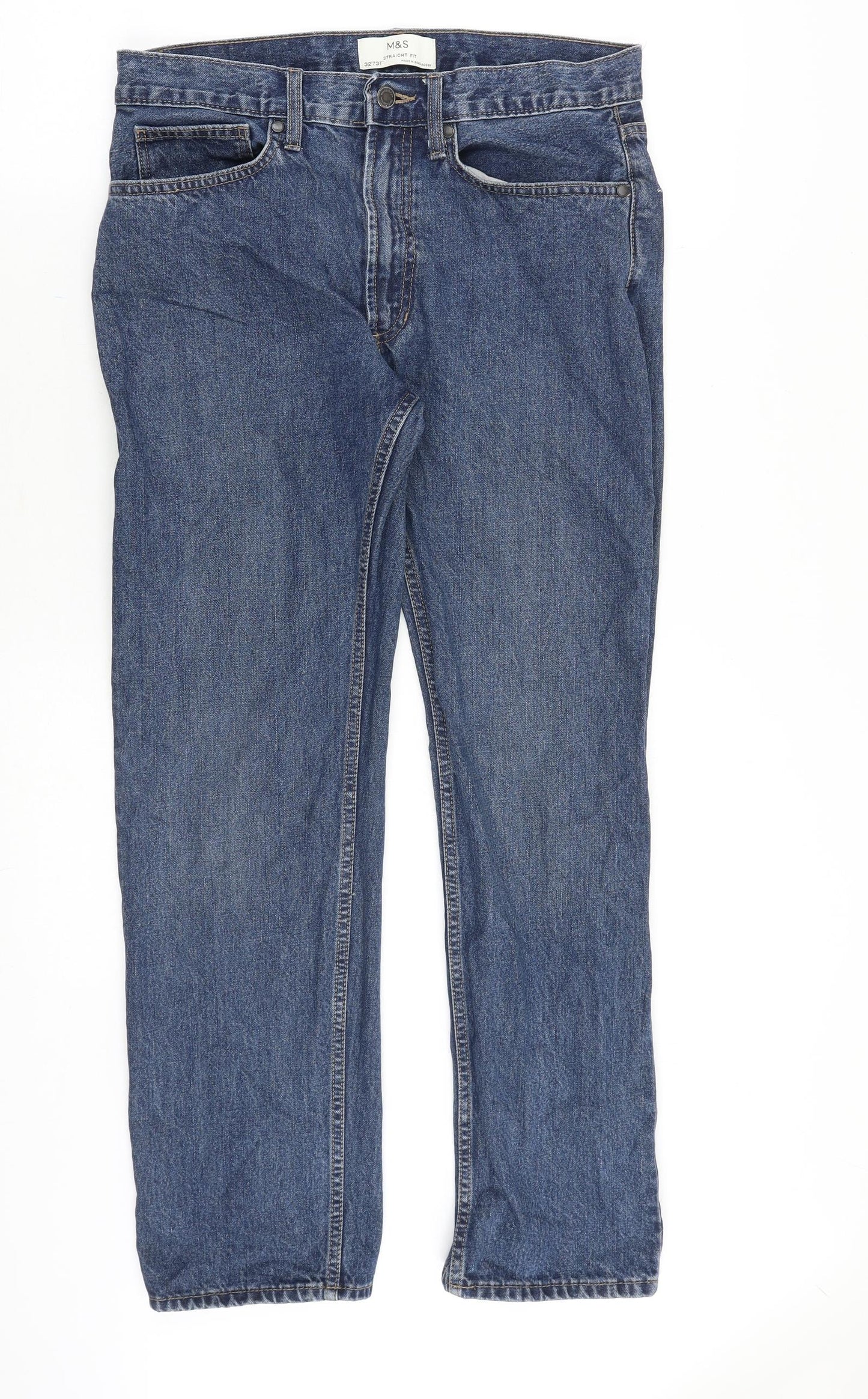Marks and Spencer Mens Blue Cotton Straight Jeans Size 32 in Regular Zip