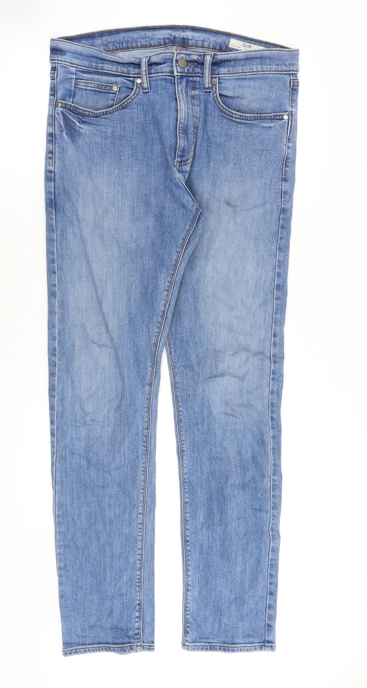 Marks and Spencer Mens Blue Cotton Straight Jeans Size 32 in Slim Zip