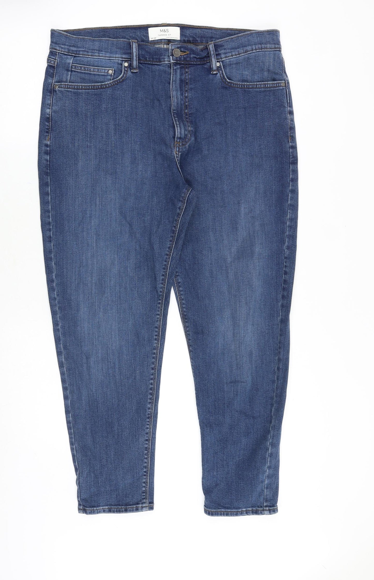 Marks and Spencer Mens Blue Cotton Tapered Jeans Size 34 in Regular Zip