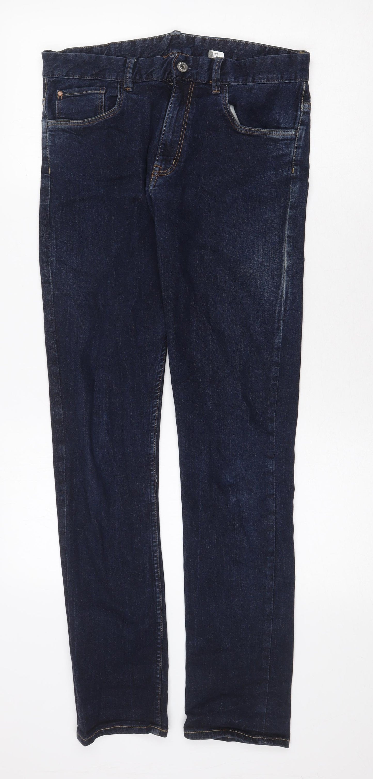 H&M Womens Blue Cotton Straight Jeans Size 32 in Regular Zip
