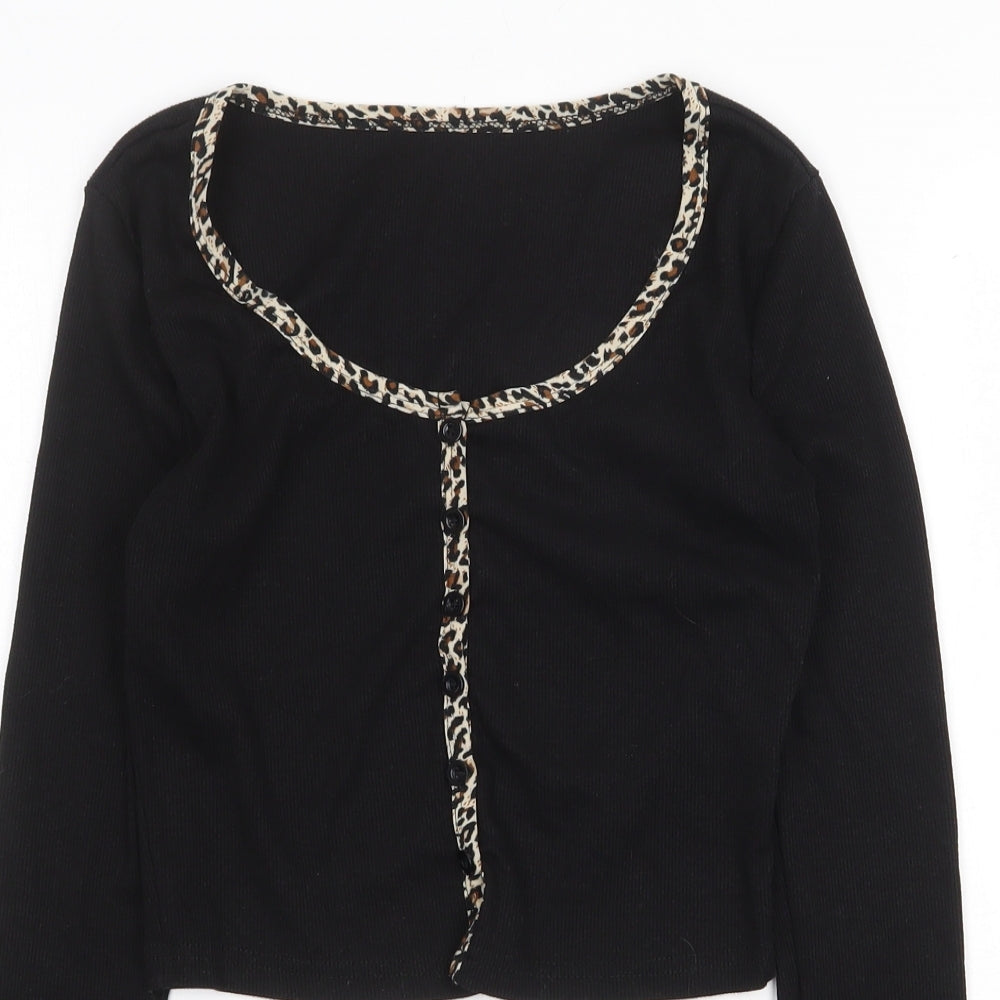 SheIn Womens Black Cotton Basic T-Shirt Size XS Scoop Neck - Leopard print trim