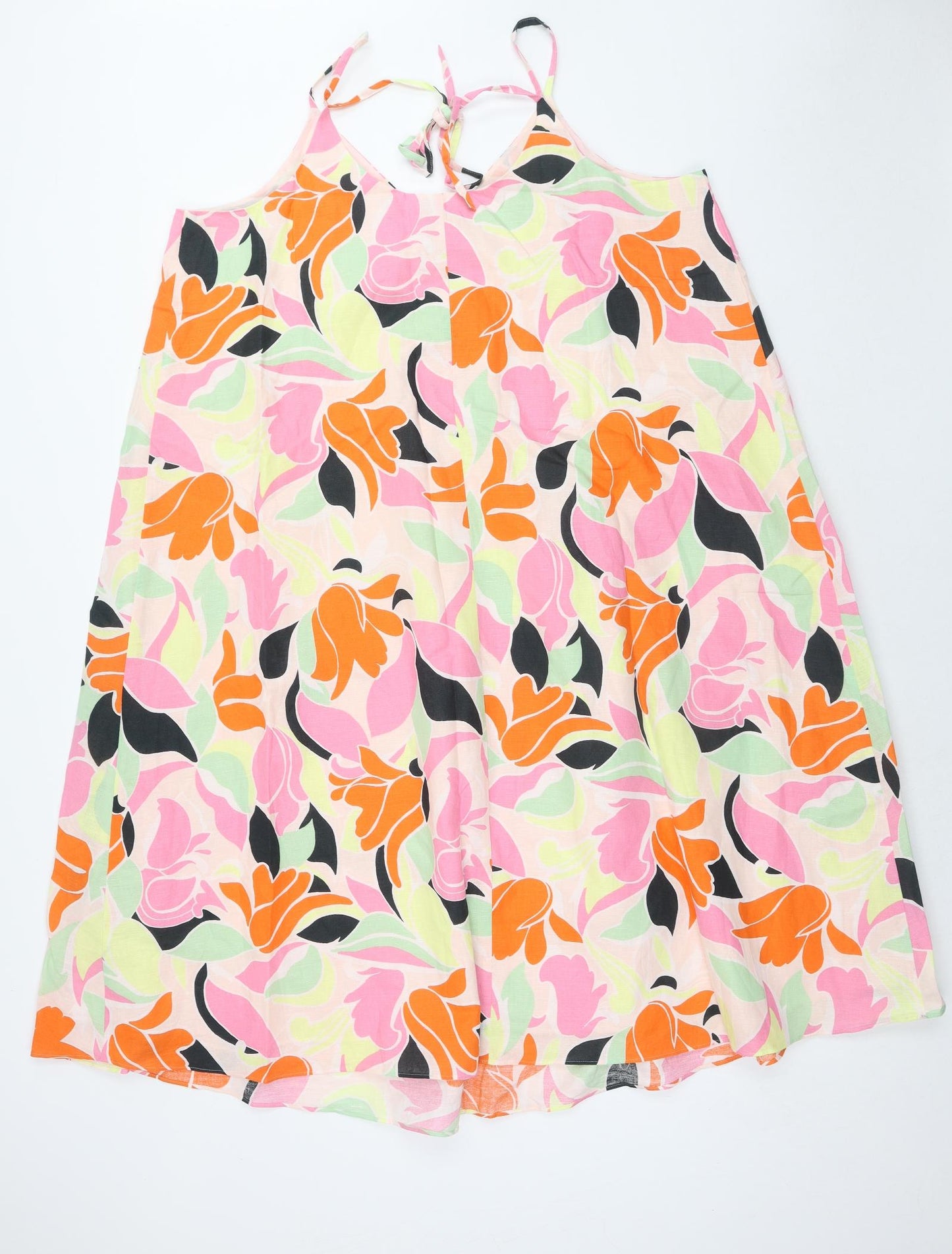 Marks and Spencer Womens Multicoloured Geometric Linen Tank Dress Size 18 Round Neck Tie