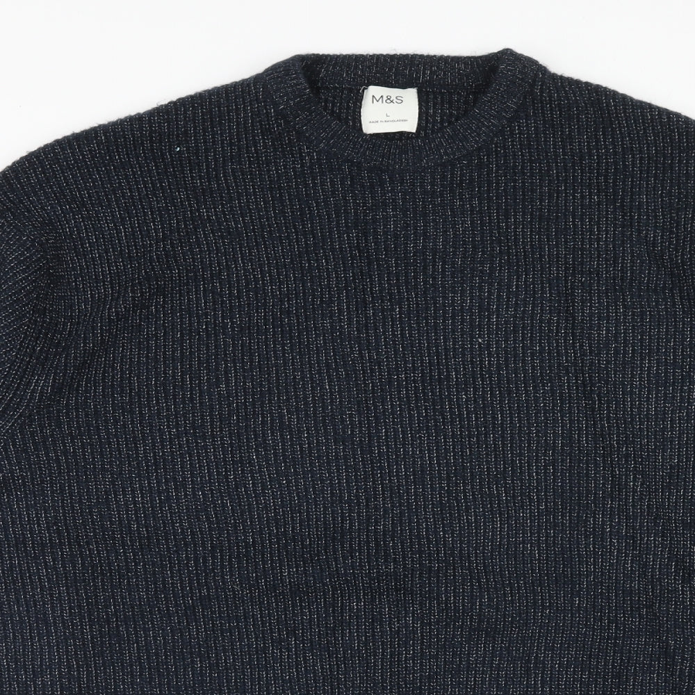Marks and Spencer Mens Blue Round Neck Acrylic Pullover Jumper Size L Long Sleeve