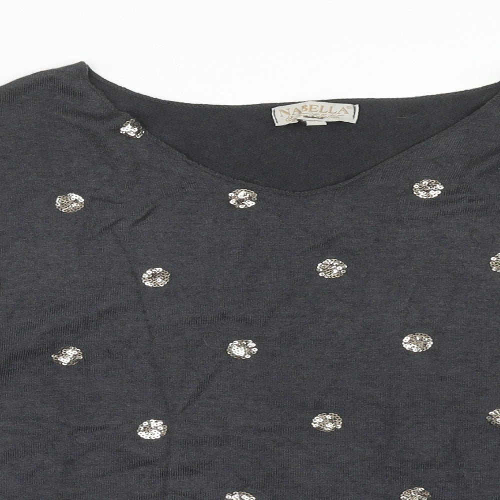 Nabella Womens Grey V-Neck Geometric Acrylic Pullover Jumper Size S - Size S-M