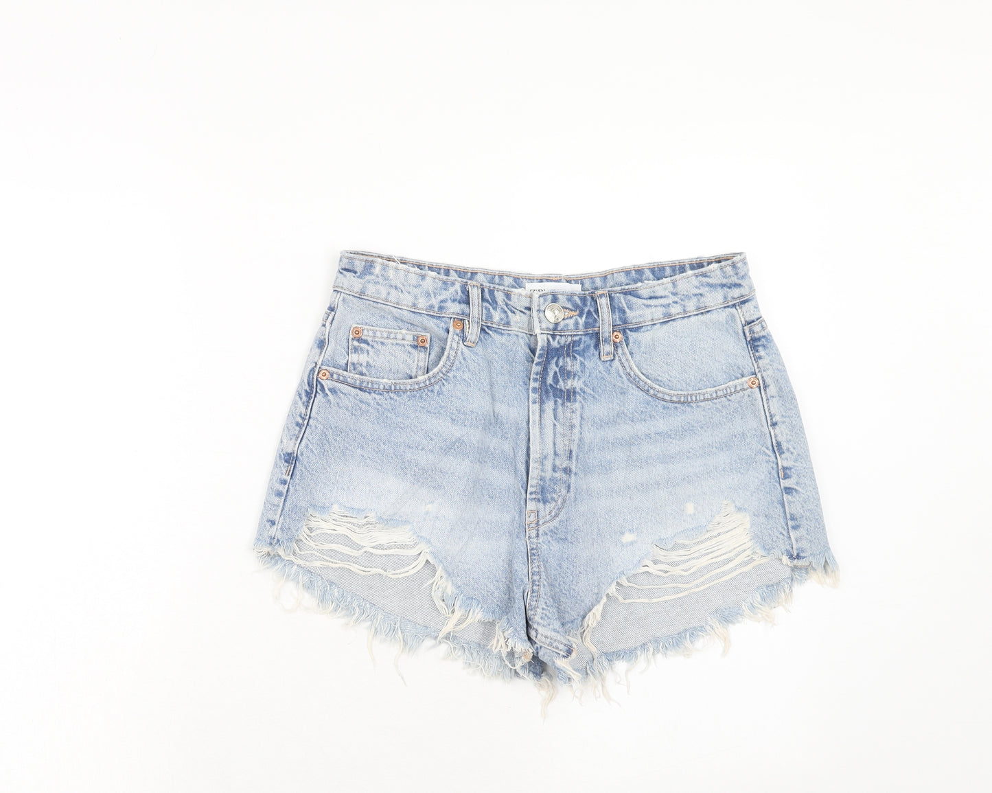 Zara Womens Blue Cotton Cut-Off Shorts Size 10 Regular Zip