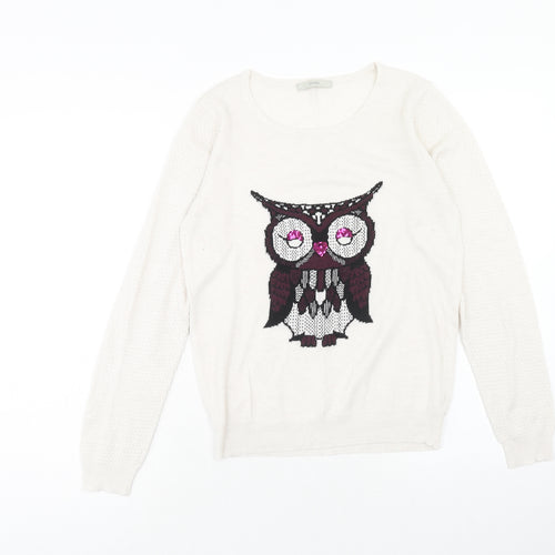 George Womens Beige Round Neck Polyester Pullover Jumper Size 10 - Owl Detail