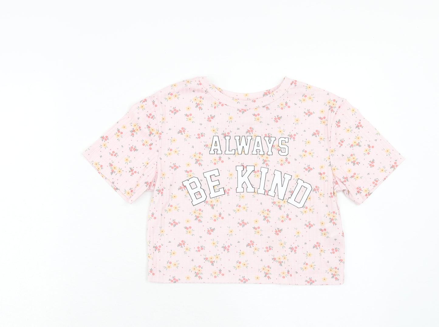 Primark Girls Pink Floral Polyester Basic T-Shirt Size 8-9 Years Scoop Neck Pullover - Always Be Kind
