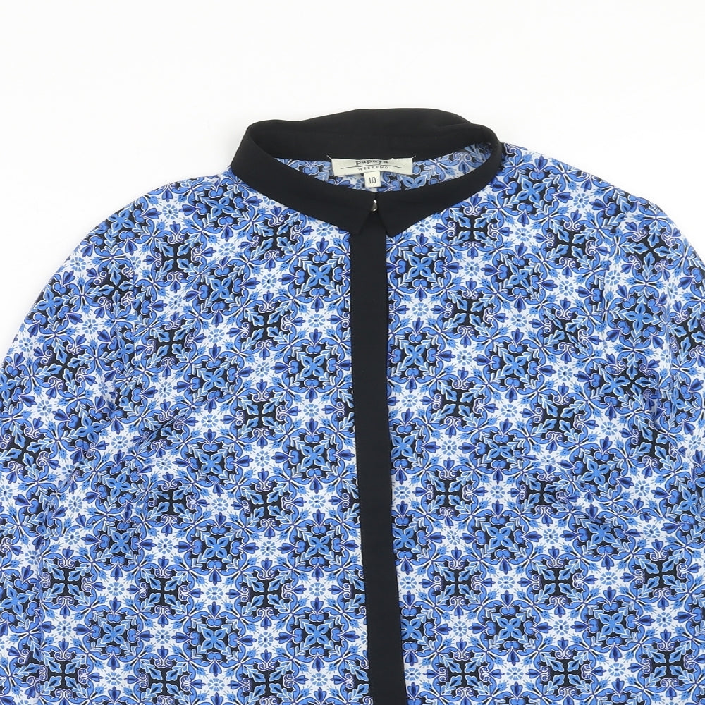 Papaya Womens Blue Geometric Polyester Basic Blouse Size 10 Collared