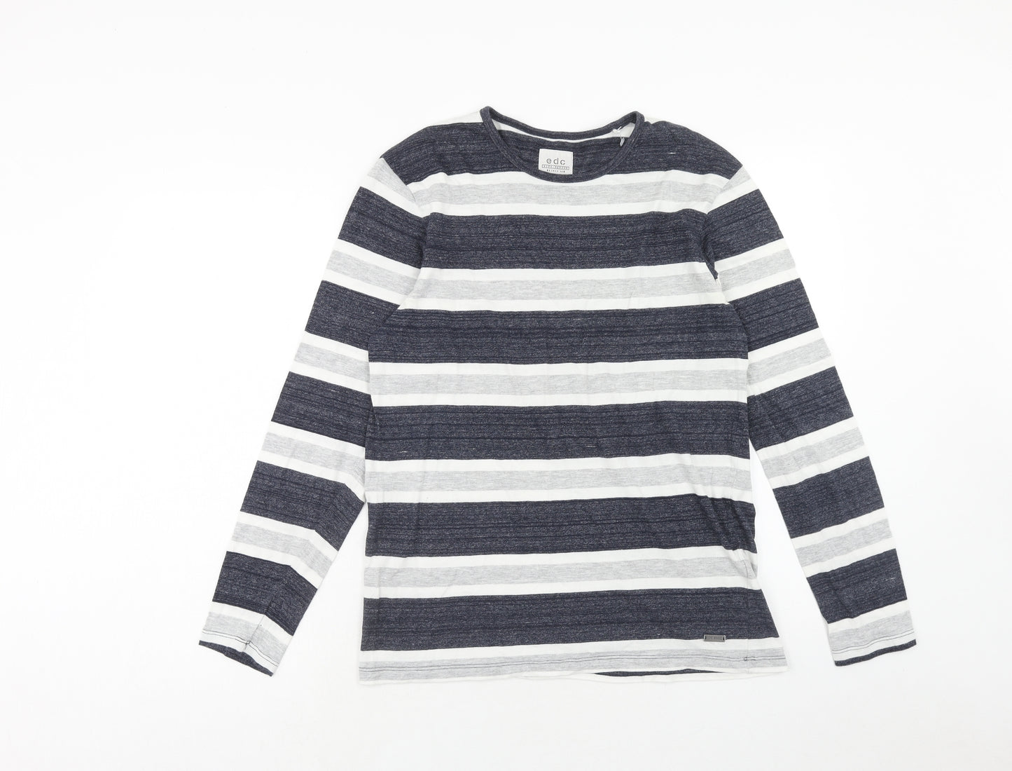 EDC Mens Blue Striped Cotton T-Shirt Size M Round Neck