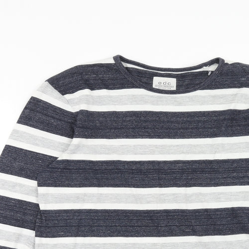 EDC Mens Blue Striped Cotton T-Shirt Size M Round Neck