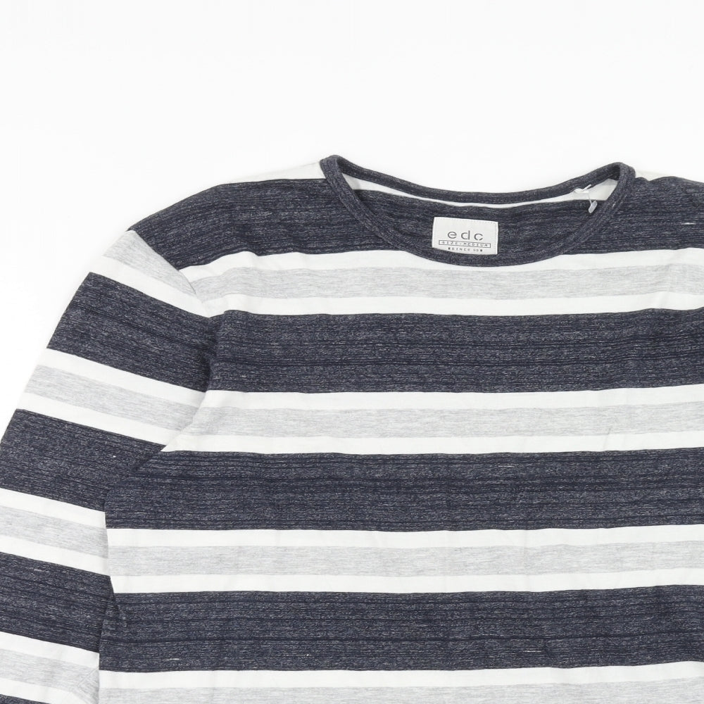 EDC Mens Blue Striped Cotton T-Shirt Size M Round Neck
