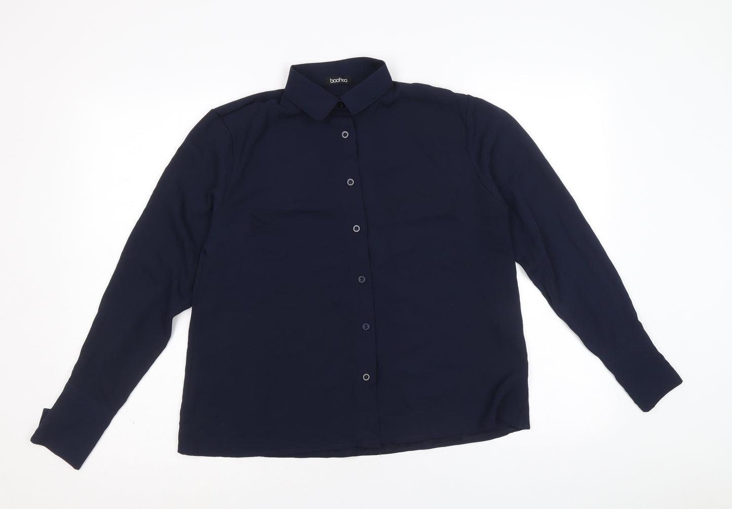 Boohoo Womens Blue Polyester Basic Button-Up Size L Collared