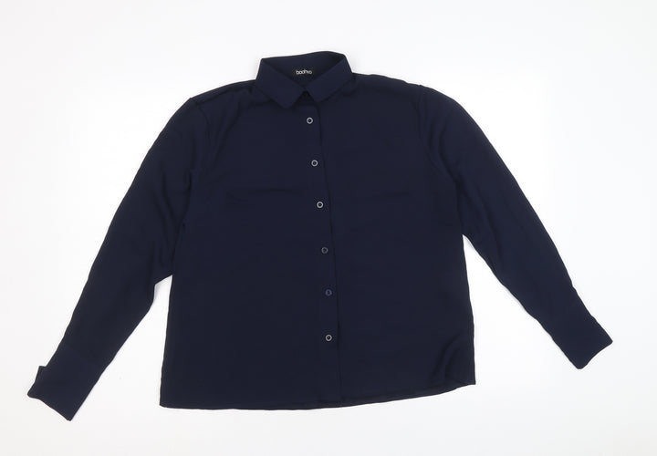 Boohoo Womens Blue Polyester Basic Button-Up Size L Collared