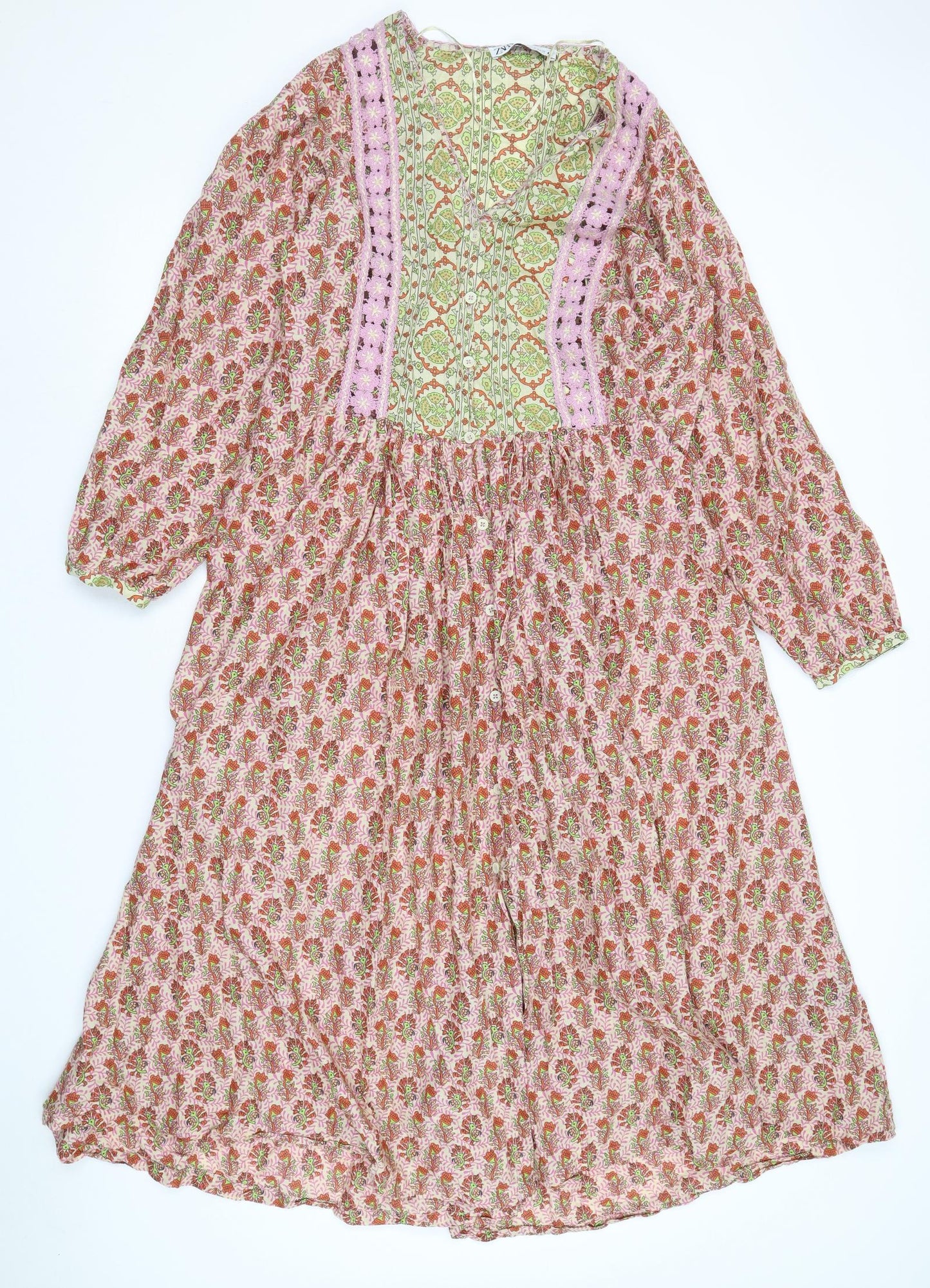 Zara Womens Multicoloured Geometric 100% Cotton Trapeze & Swing Size S V-Neck Button