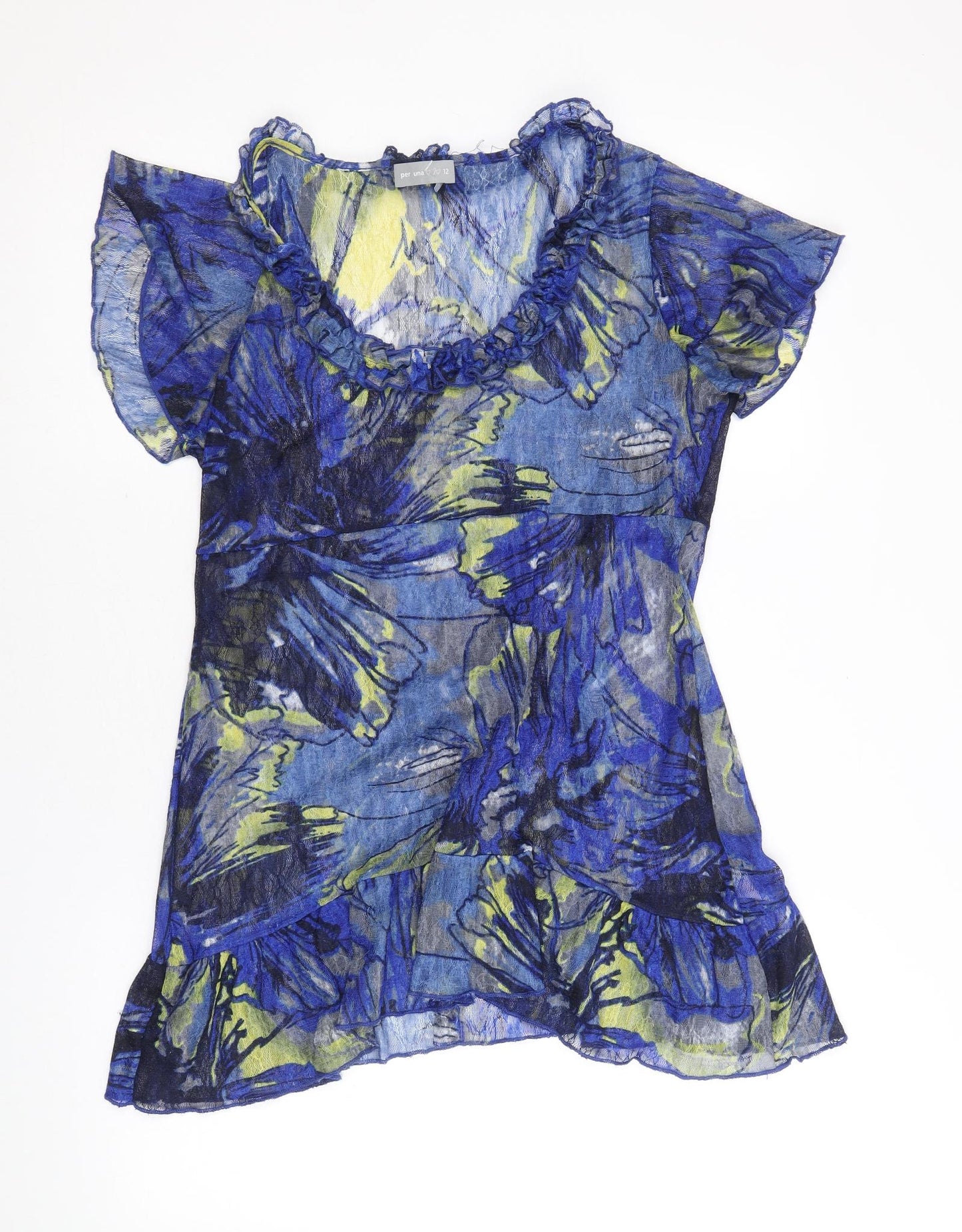 Per Una Womens Blue Geometric Polyester Basic Blouse Size 12 Scoop Neck