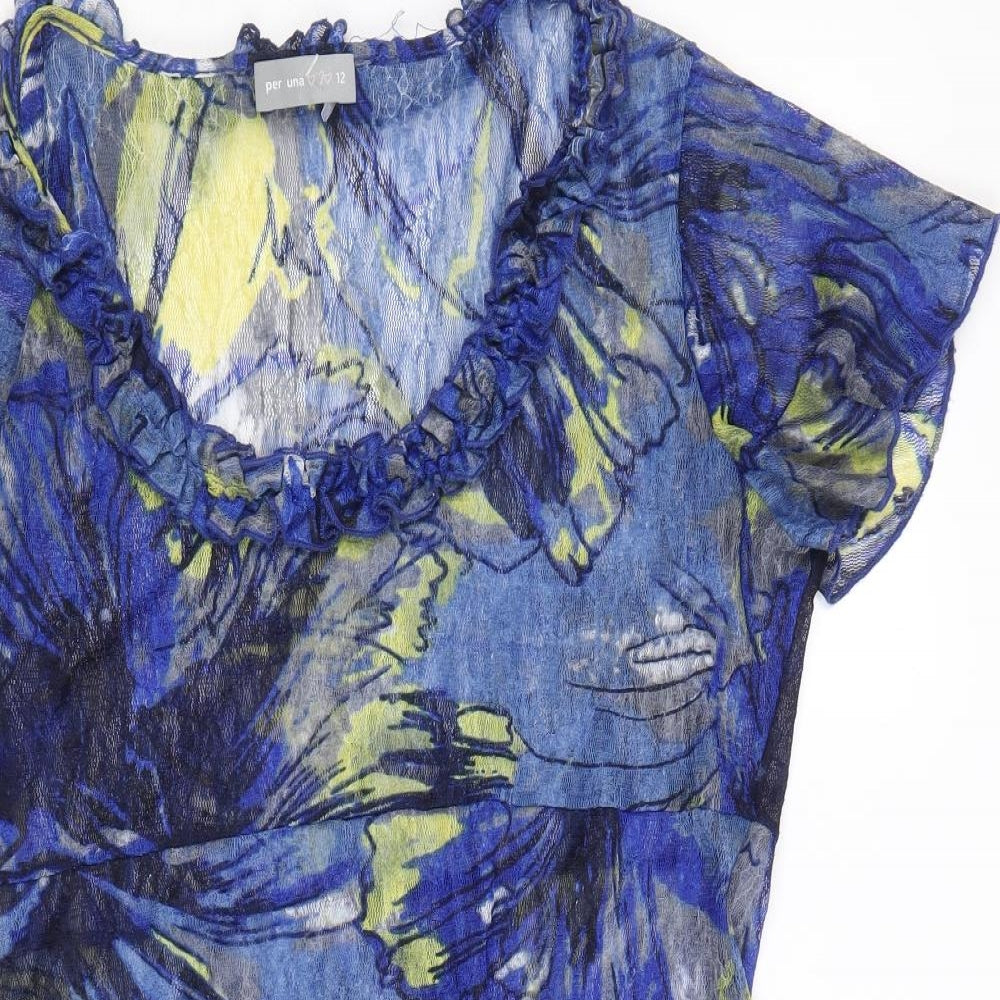 Per Una Womens Blue Geometric Polyester Basic Blouse Size 12 Scoop Neck