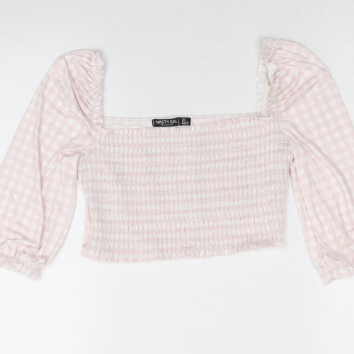 Nasty Gal Womens Pink Plaid Polyester Cropped Blouse Size 6 Square Neck