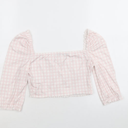 Nasty Gal Womens Pink Plaid Polyester Cropped Blouse Size 6 Square Neck