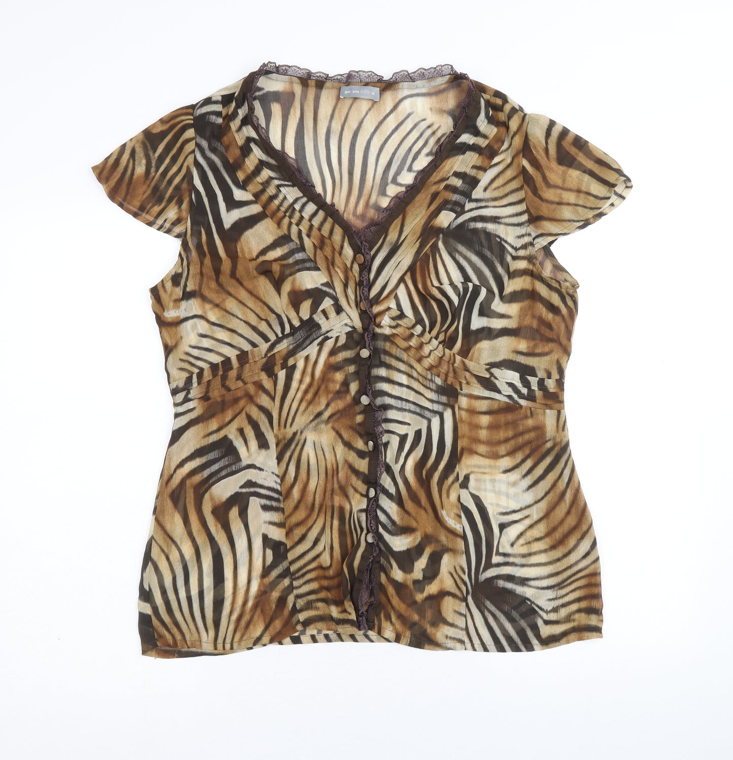 Per Una Womens Brown Animal Print Polyester Basic Blouse Size 16 V-Neck