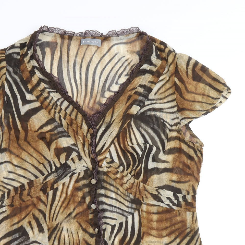Per Una Womens Brown Animal Print Polyester Basic Blouse Size 16 V-Neck