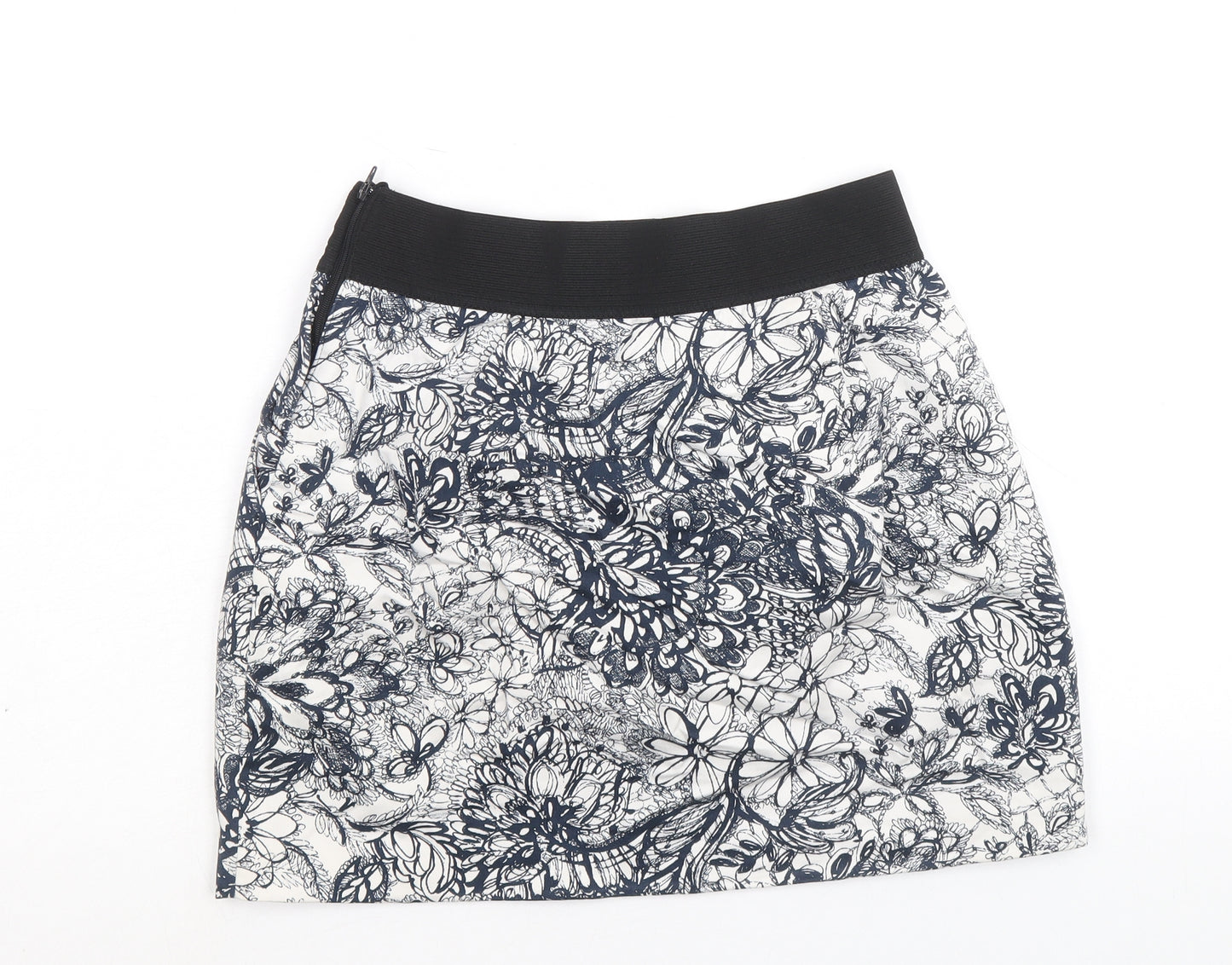 Zara Womens Blue Floral Cotton Mini Skirt Size S Zip