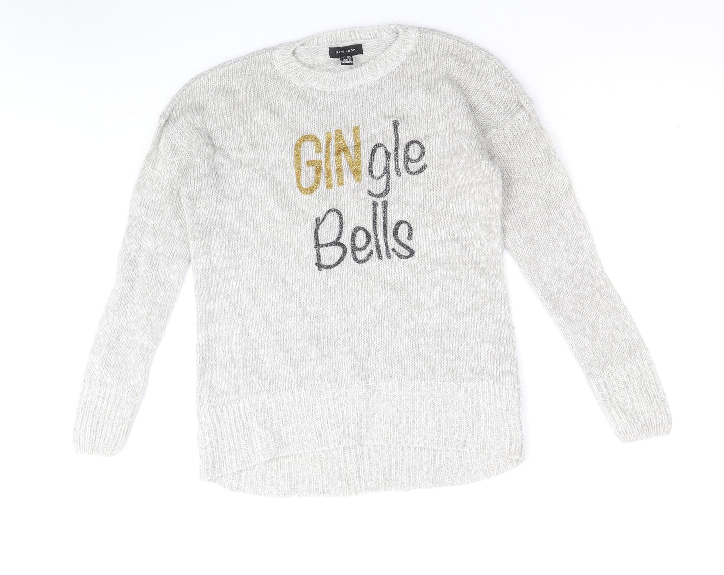 New Look Womens Grey Round Neck Acrylic Pullover Jumper Size S - Gingle Bells