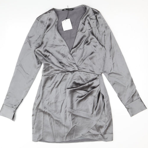 Zara Womens Silver Polyester Shirt Dress Size M V-Neck Zip