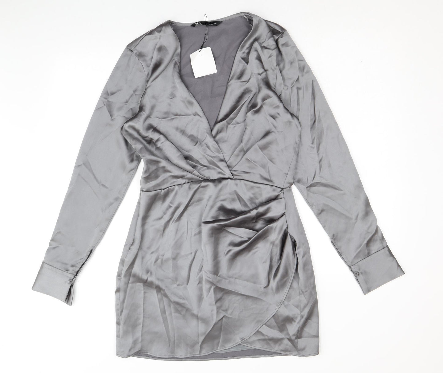 Zara Womens Silver Polyester Shirt Dress Size M V-Neck Zip