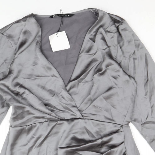 Zara Womens Silver Polyester Shirt Dress Size M V-Neck Zip