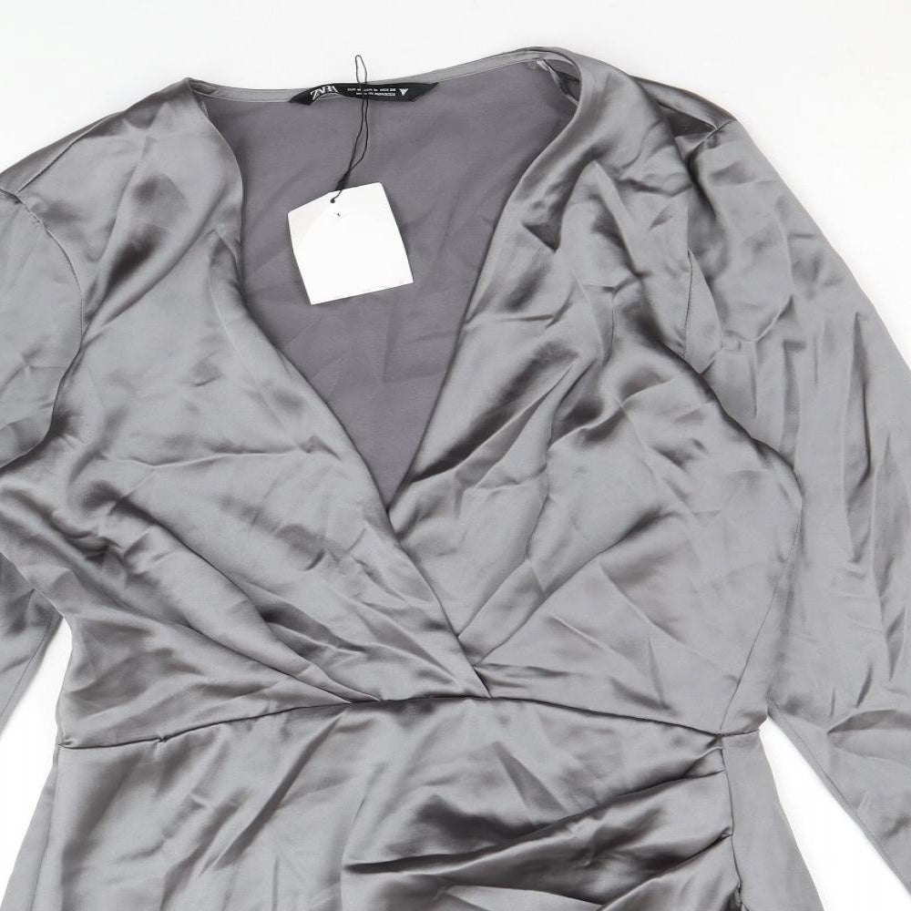 Zara Womens Silver Polyester Shirt Dress Size M V-Neck Zip
