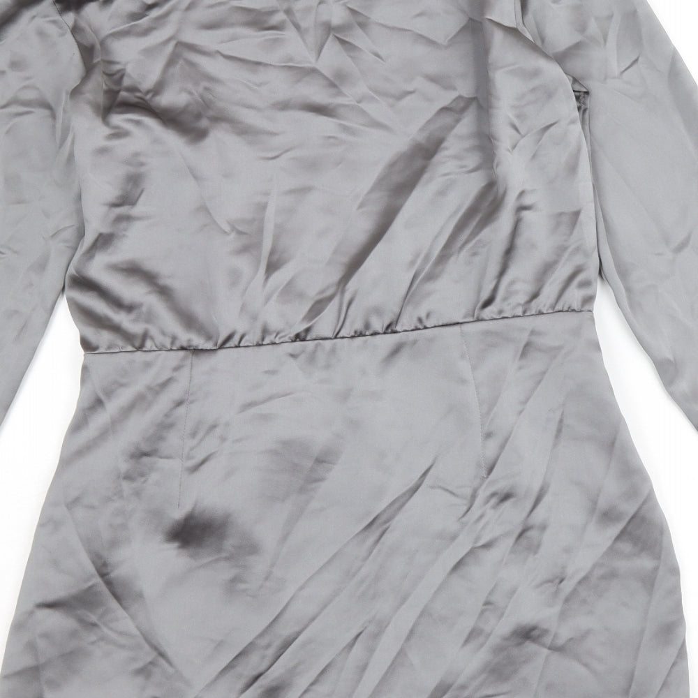 Zara Womens Silver Polyester Shirt Dress Size M V-Neck Zip