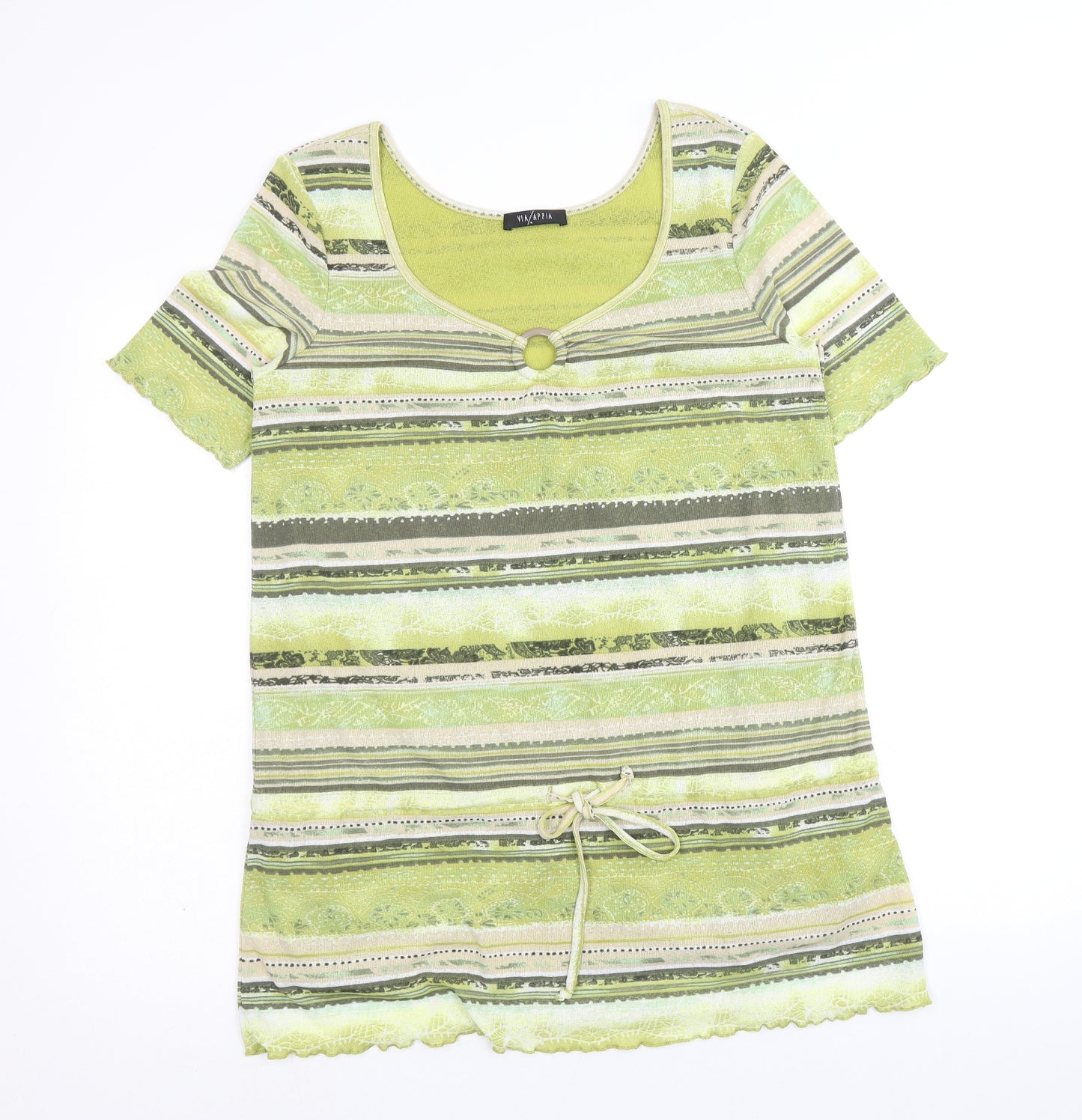 Via Appia Womens Green Geometric Polyester Basic T-Shirt Size 14 Square Neck - Ring Detail