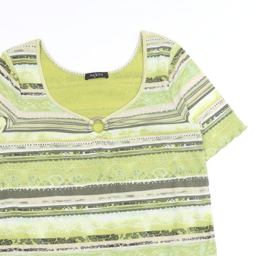 Via Appia Womens Green Geometric Polyester Basic T-Shirt Size 14 Square Neck - Ring Detail