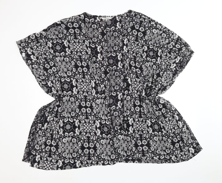 Peacocks Womens Black Geometric Viscose Basic Blouse Size M Round Neck