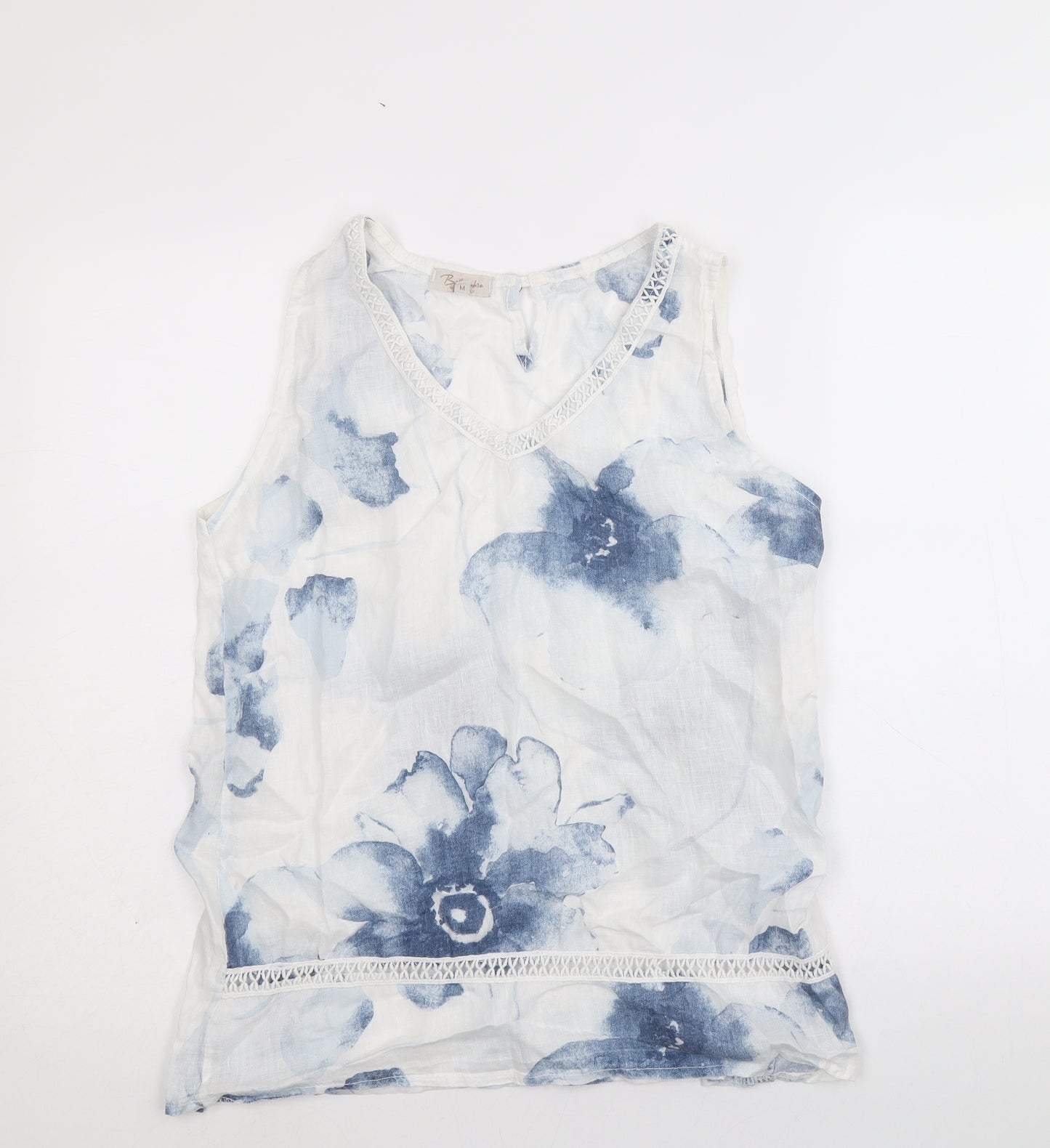 Bellambia Womens White Floral Linen Basic Tank Size M V-Neck