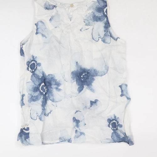 Bellambia Womens White Floral Linen Basic Tank Size M V-Neck