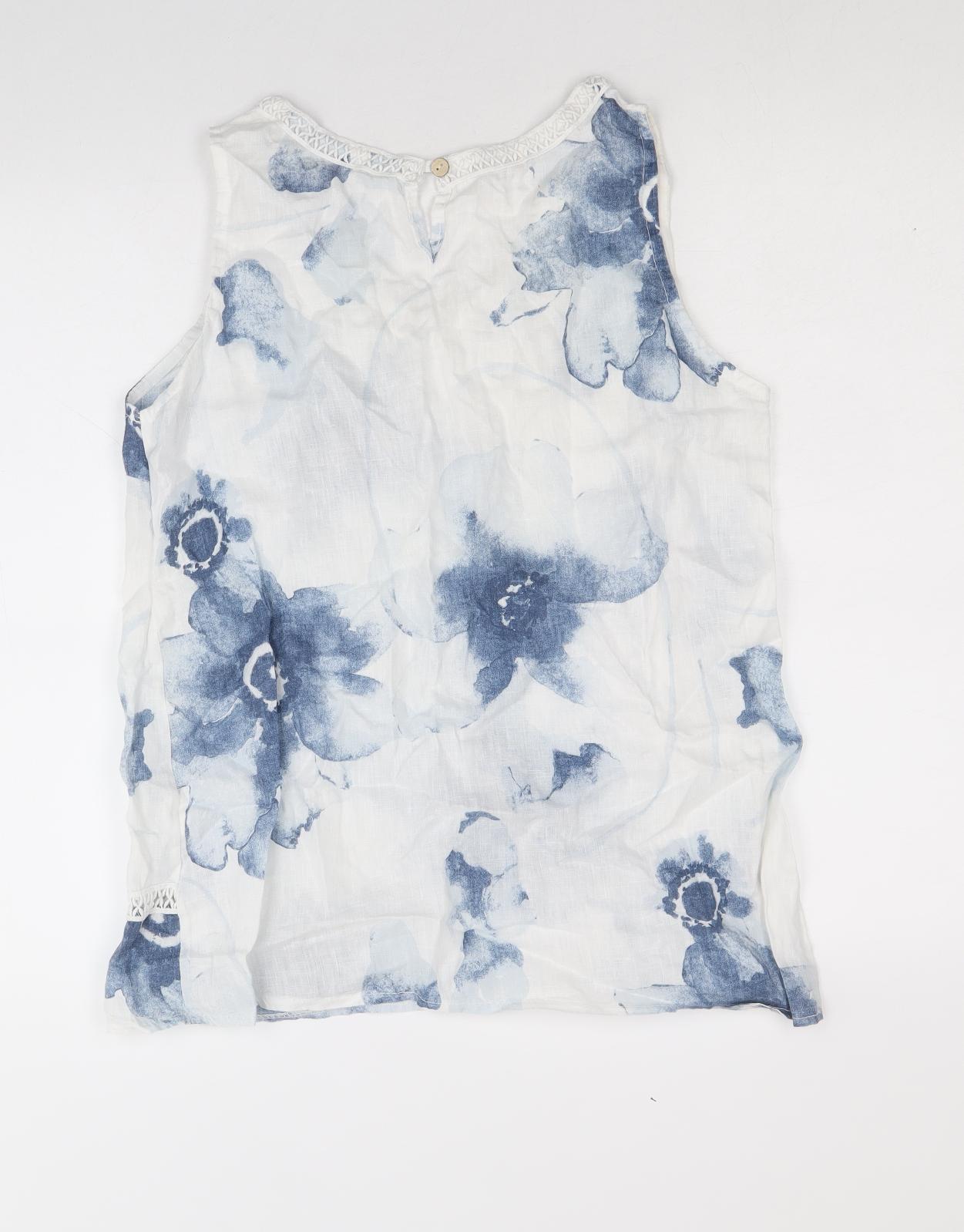 Bellambia Womens White Floral Linen Basic Tank Size M V-Neck