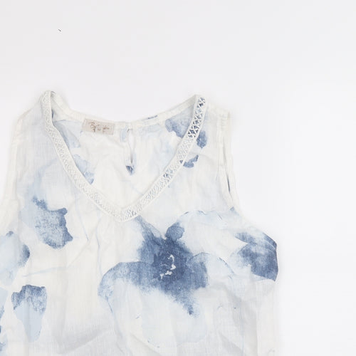 Bellambia Womens White Floral Linen Basic Tank Size M V-Neck