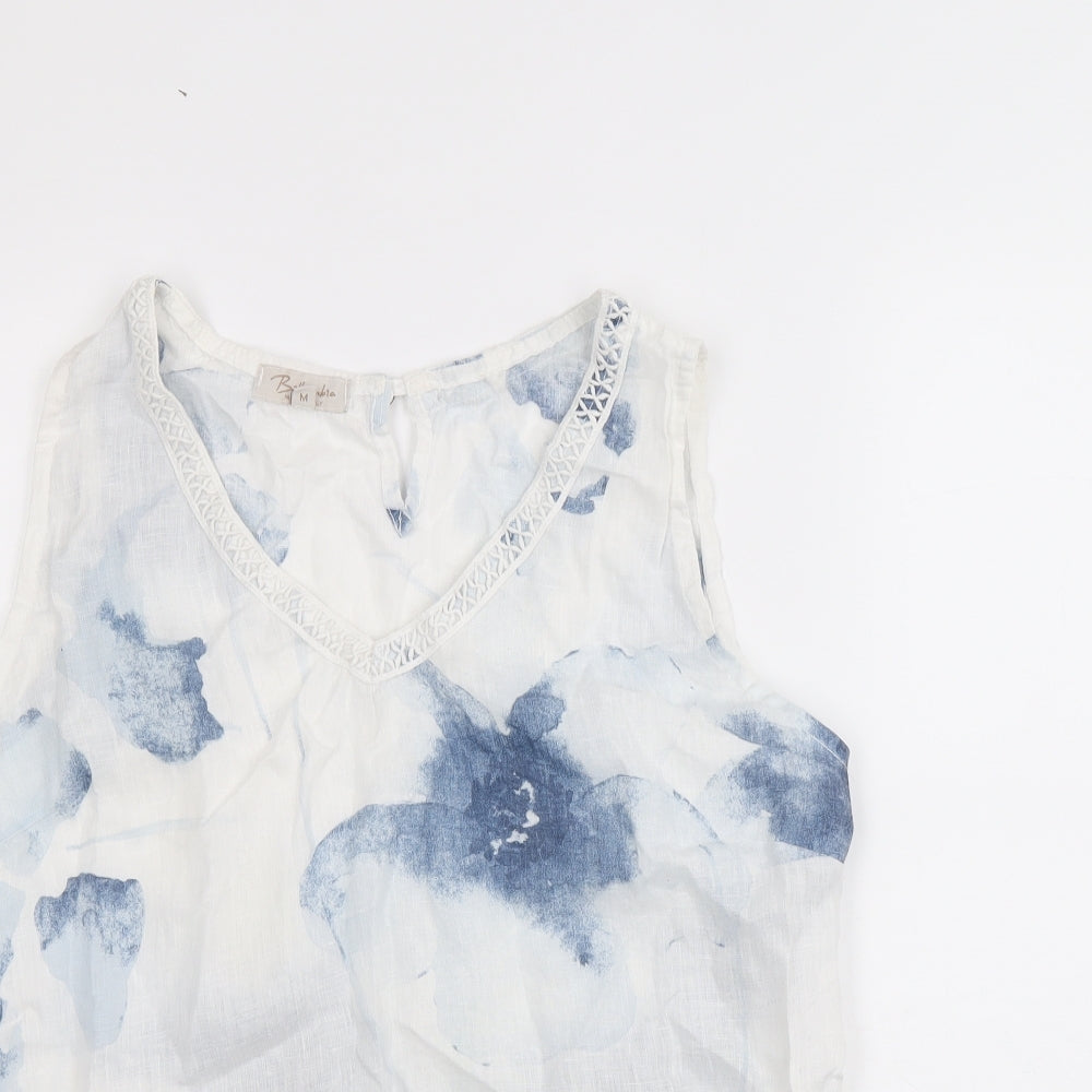 Bellambia Womens White Floral Linen Basic Tank Size M V-Neck