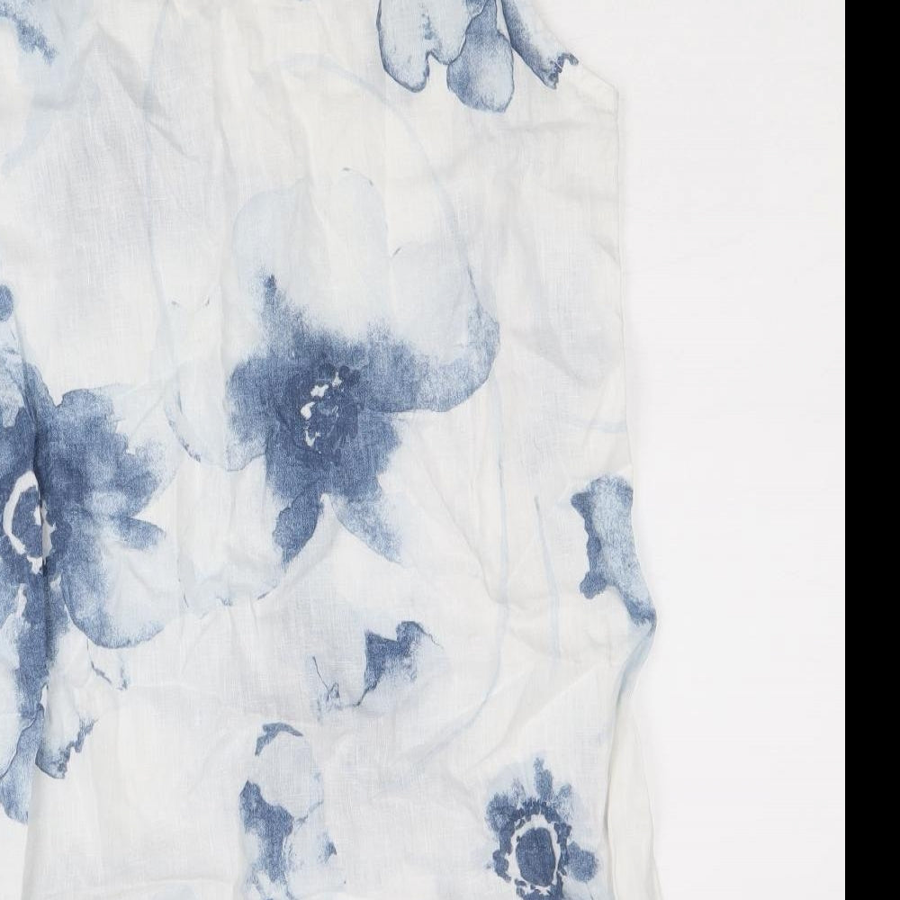 Bellambia Womens White Floral Linen Basic Tank Size M V-Neck