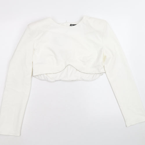 Zara Womens White Polyester Cropped Blouse Size XL Round Neck - Diamante Trim