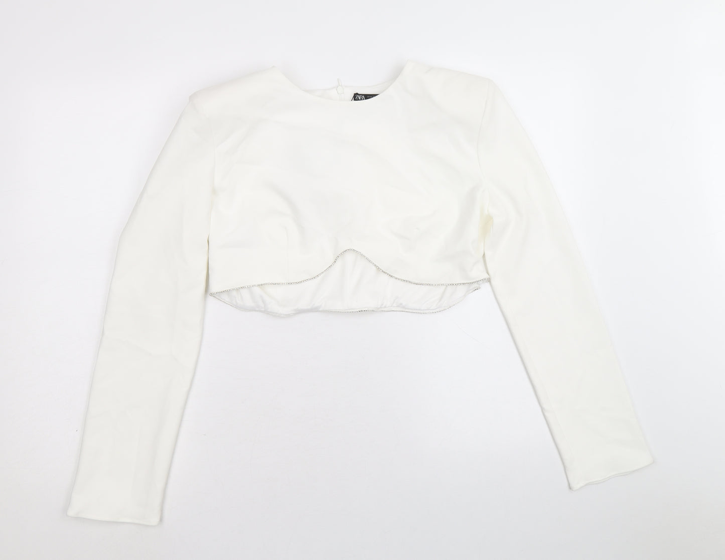 Zara Womens White Polyester Cropped Blouse Size XL Round Neck - Diamante Trim
