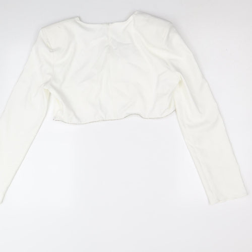Zara Womens White Polyester Cropped Blouse Size XL Round Neck - Diamante Trim