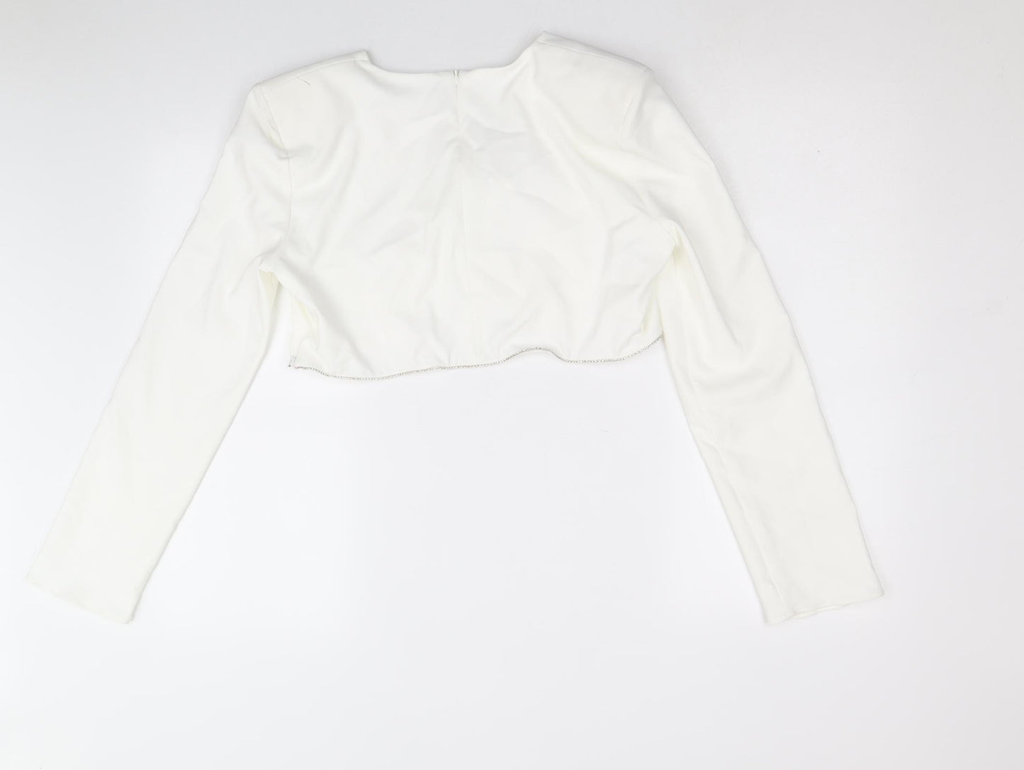 Zara Womens White Polyester Cropped Blouse Size XL Round Neck - Diamante Trim