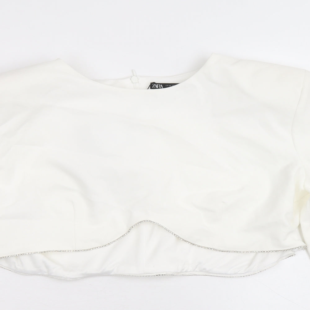 Zara Womens White Polyester Cropped Blouse Size XL Round Neck - Diamante Trim